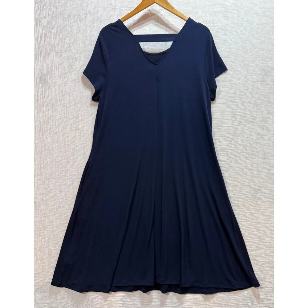 Susan Graver Liquid Knit Dress Womens Large Navy Blue Back Strap Pockets Modest